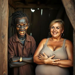 Inside an old shack, a young, very short, malnourished African woman around 20 years old stands, her very dark skin creating a menacing visage as she displays rotten, monstrous teeth and bulging eyes