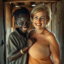 Inside an old shack, a young, very short, malnourished African woman around 20 years old exhibits a sinister demeanor, with very dark skin, rotten and monstrous teeth, and bulging eyes