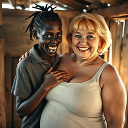 Inside an old shack, a young, very short, malnourished African woman around 20 years old exhibits a sinister demeanor, with very dark skin, rotten and monstrous teeth, and bulging eyes