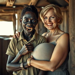 Inside an old shack, a young, very short, malnourished African woman around 20 years old exhibits a sinister demeanor, with very dark skin, rotten and monstrous teeth, and bulging eyes