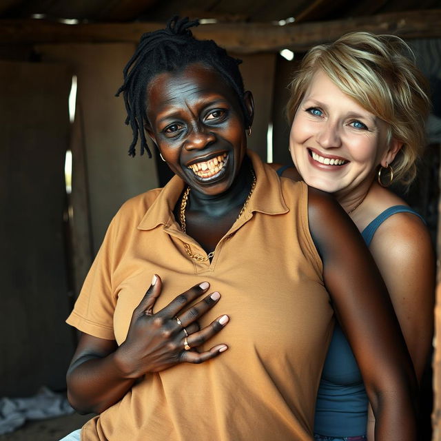 Inside an old shack, a young, very short, malnourished African woman around 20 years old exhibits a sinister demeanor, with very dark skin, rotten and monstrous teeth, and bulging eyes