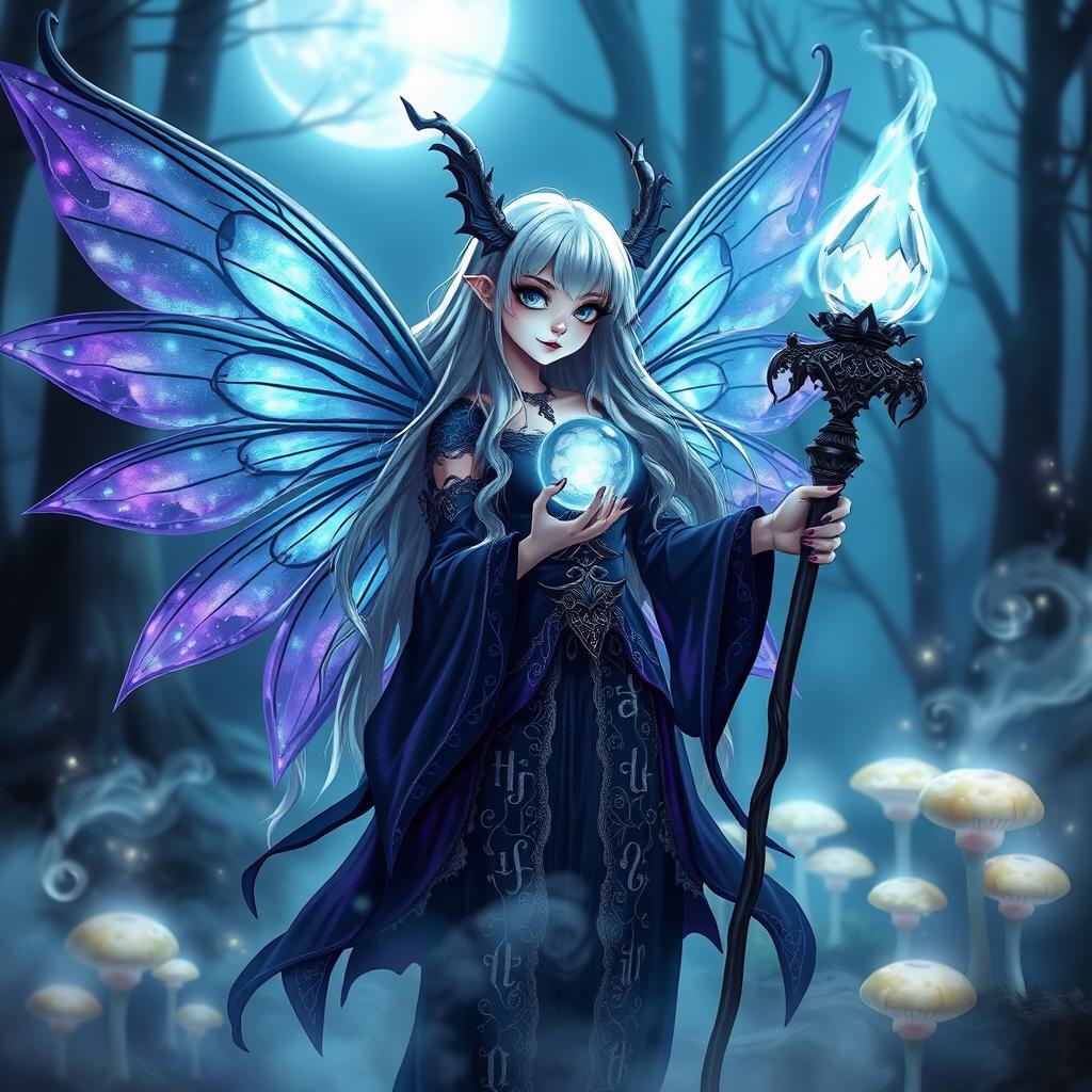 A whimsical and enchanting necromancer fairy, with delicate, translucent wings shimmering in shades of midnight blue and purple