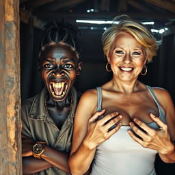 Inside a worn-out shack, a young, very short, malnourished African woman, around 20 years old with deep black skin, displays a menacing expression with her rotten, monstrous teeth and bulging eyes