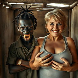 Inside a worn-out shack, a young, very short, malnourished African woman, around 20 years old with deep black skin, displays a menacing expression with her rotten, monstrous teeth and bulging eyes