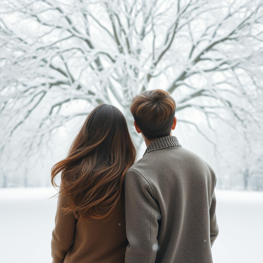 A young woman and a young man, both around twenty years old, standing side by side, turned away from the viewer