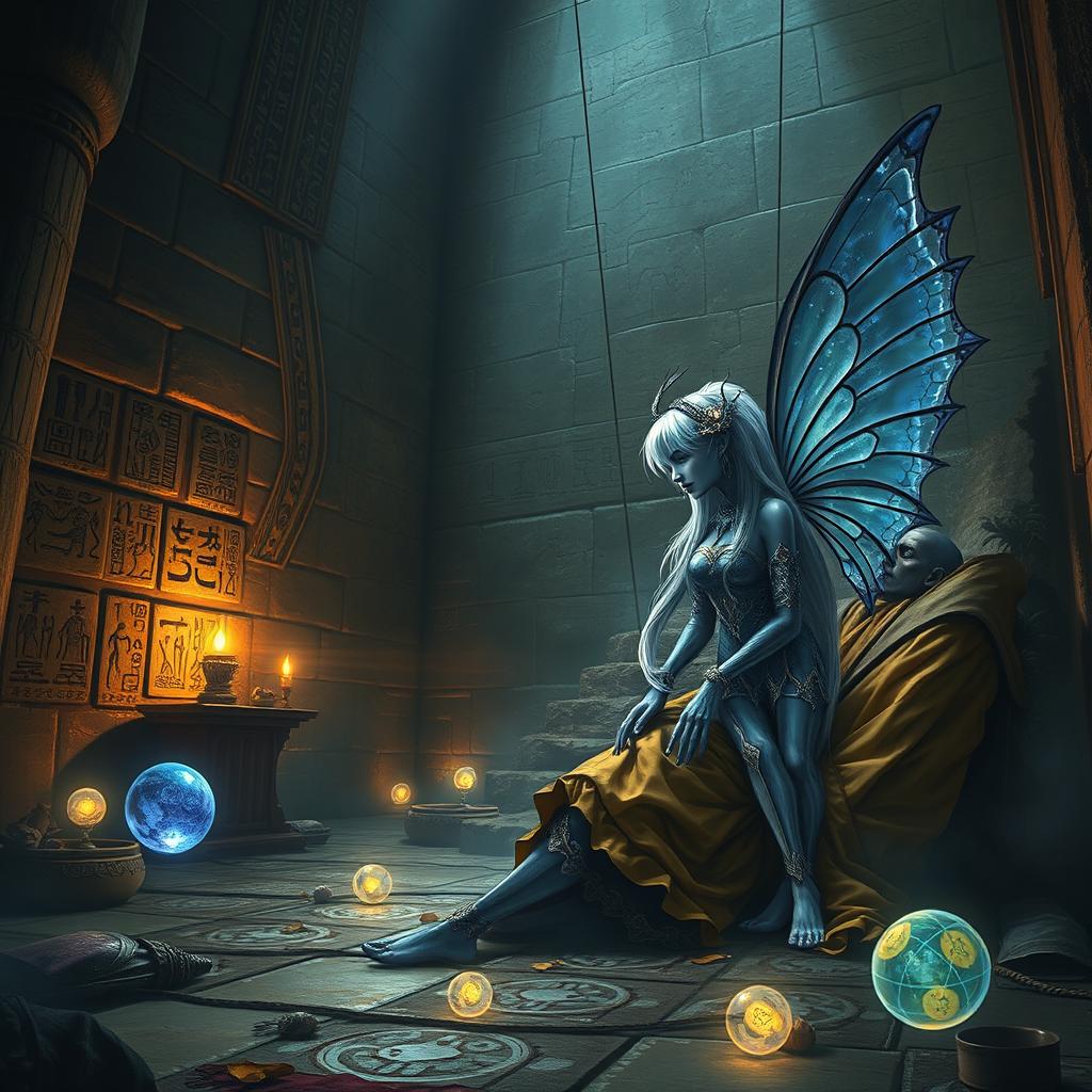 A mesmerizing scene of a necromancer fairy inside a grand pyramid, her delicate, translucent wings glistening with colors of deep indigo and silver