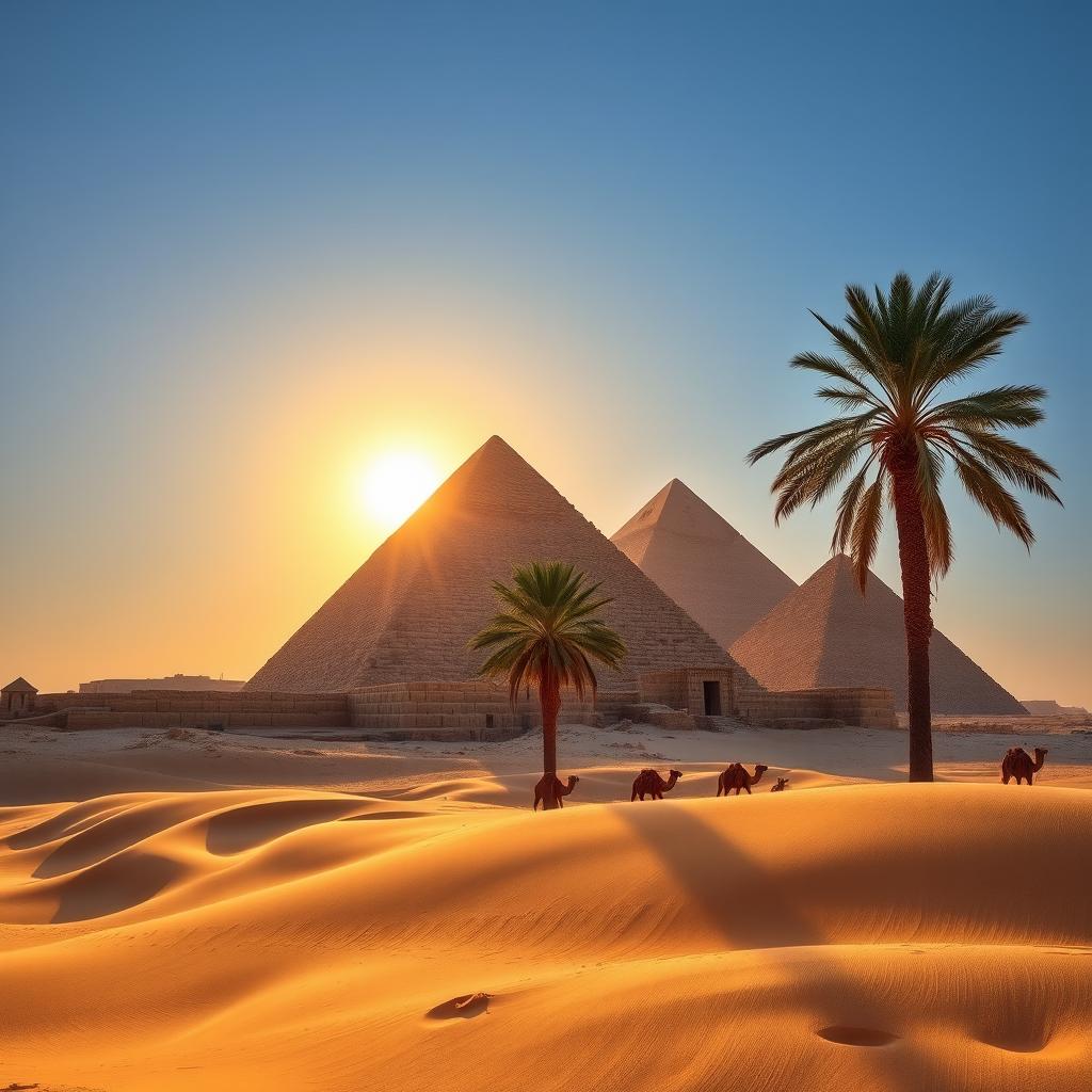 A breathtaking view of the Pyramids of Giza under a clear blue sky, with a golden sun setting in the background, casting long shadows and highlighting the ancient stones of the pyramids