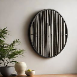 An arresting piece of round wall art, masterfully crafted from sleek black bamboo, creating a captivating silhouette against a contrasting light wall.