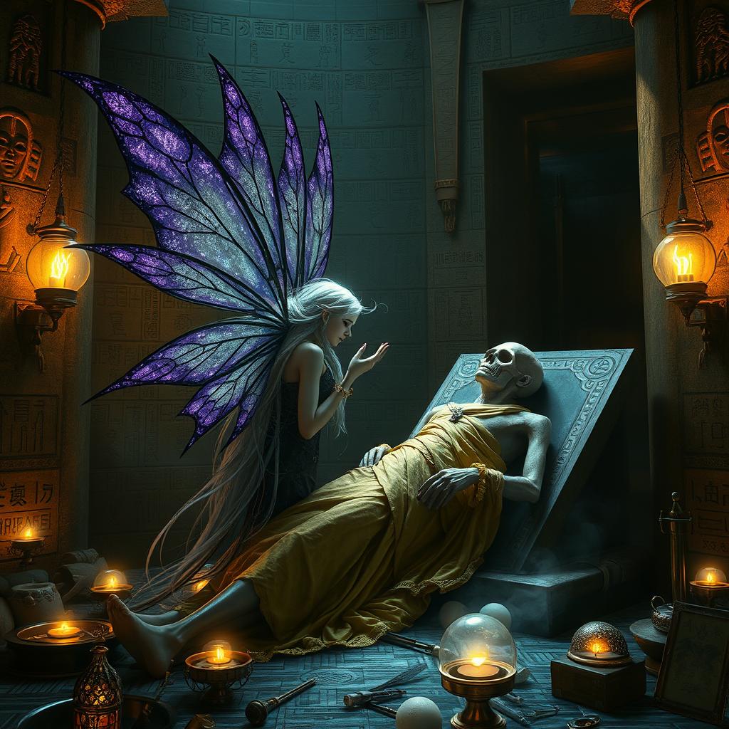 An evocative scene showcasing a necromancer fairy inside a grand pyramid, her ethereal presence highlighted by delicate, translucent wings glimmering with deep purples and silvers