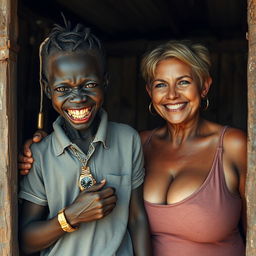 Inside an old shack, a young, very short, malnourished African woman around 20 years old appears with deep black skin, displaying a sinister expression with rotten, monstrous teeth and bulging eyes