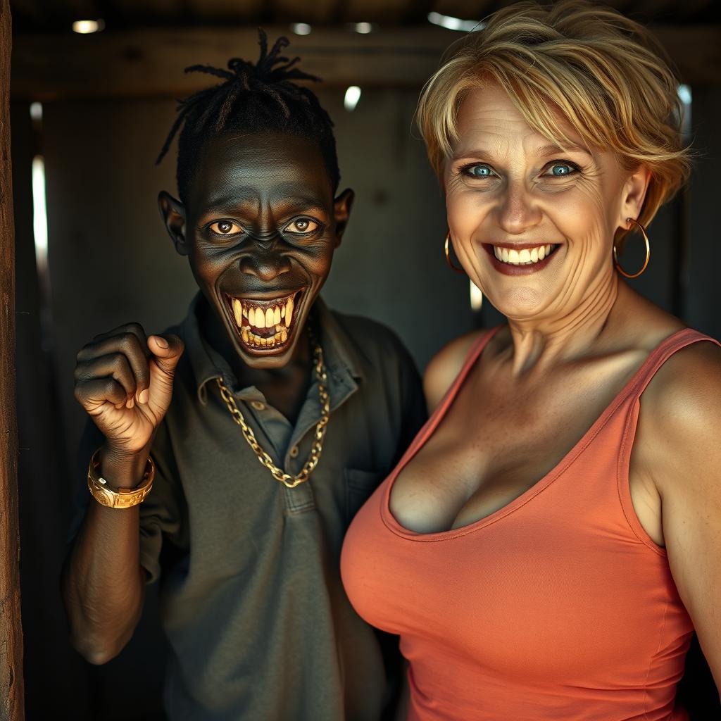 Inside an old shack, a young, very short, malnourished African woman around 20 years old appears with deep black skin, displaying a sinister expression with rotten, monstrous teeth and bulging eyes