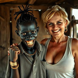 Inside an old shack, a young, very short, malnourished African woman around 20 years old appears with deep black skin, displaying a sinister expression with rotten, monstrous teeth and bulging eyes