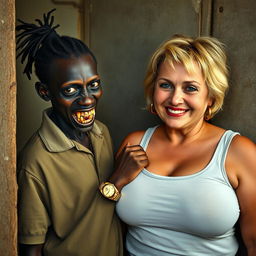 Inside a poor room, a young, very short, malnourished African woman, around 20 years old with deep black skin, emanates a sinister vibe with her rotten and monstrous teeth and bulging eyes