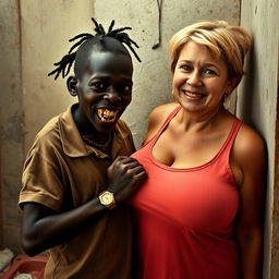 Inside a poor room, a young, very short, malnourished African woman, around 20 years old with deep black skin, emanates a sinister vibe with her rotten and monstrous teeth and bulging eyes