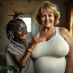 In a poor room, a young, very short, malnourished African woman, approximately 20 years old with very dark skin, has a sinister appearance with her rotten, monstrous teeth and bulging eyes