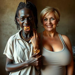In a poor room, a young, very short, malnourished African woman, approximately 20 years old with very dark skin, has a sinister appearance with her rotten, monstrous teeth and bulging eyes