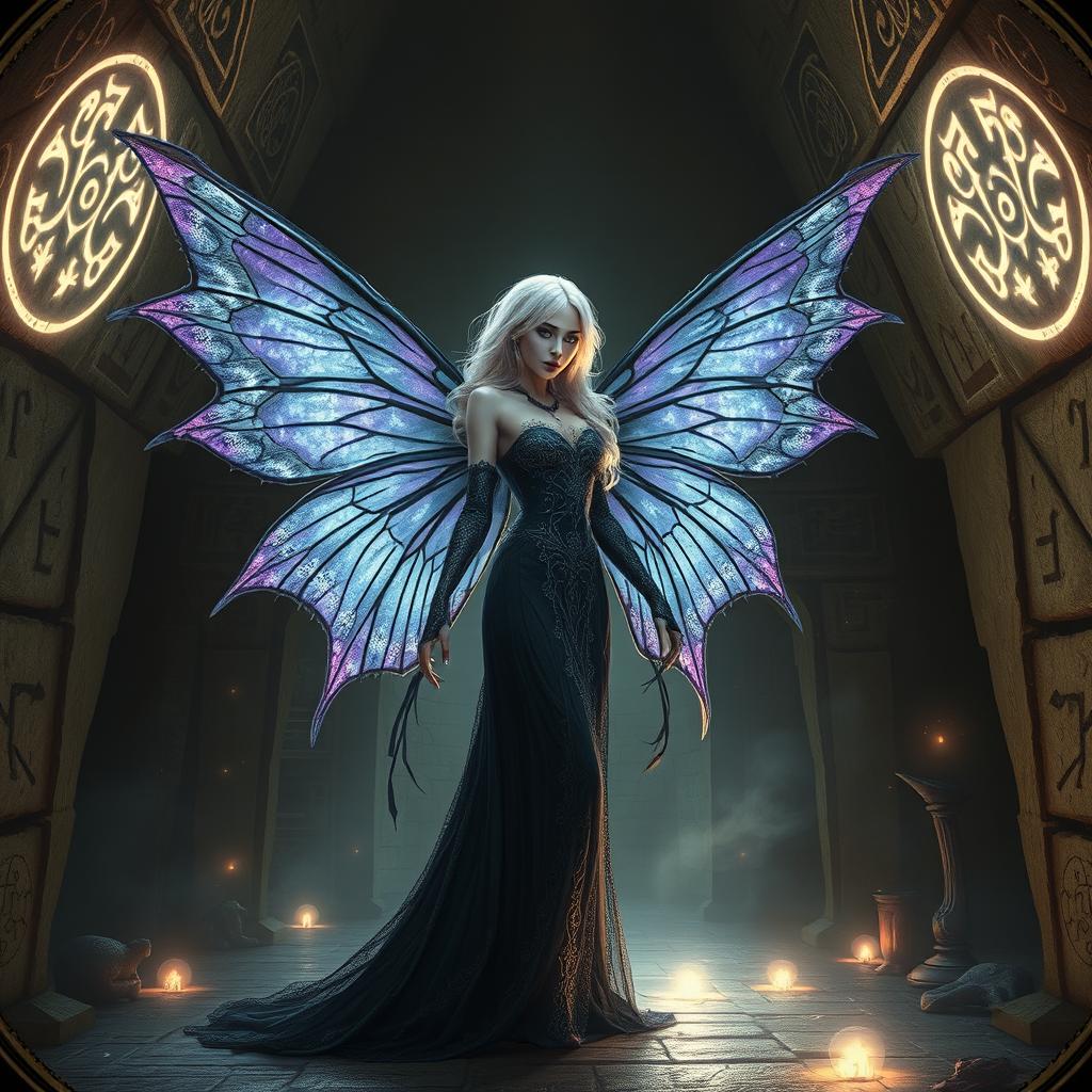 A captivating necromancer fairy inside a mystical pyramid, her delicate, translucent wings adorned with shimmering patterns of deep violet and silver
