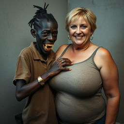 In a poor room, a young, very short, malnourished African woman, about 20 years old with very dark skin, gives off a sinister aura with her rotten, monstrous teeth and bulging eyes