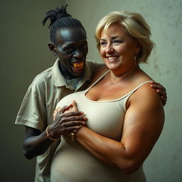 In a poor room, a young, very short, malnourished African woman, about 20 years old with very dark skin, gives off a sinister aura with her rotten, monstrous teeth and bulging eyes