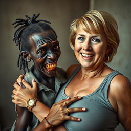 In a poor room, a young, very short, malnourished African woman, about 20 years old with very dark skin, gives off a sinister aura with her rotten, monstrous teeth and bulging eyes