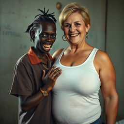 In a poor room, a young, very short, malnourished African woman, about 20 years old with very dark skin, gives off a sinister aura with her rotten, monstrous teeth and bulging eyes