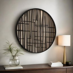 An arresting piece of round wall art, masterfully crafted from sleek black bamboo, creating a captivating silhouette against a contrasting light wall.