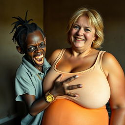 In a poor room, a young, very short, malnourished African woman, about 20 years old with very dark skin, has a malevolent appearance with her rotten, monstrous teeth and bulging eyes