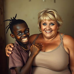 In a poor room, a young, very short, malnourished African woman, about 20 years old with very dark skin, has a malevolent appearance with her rotten, monstrous teeth and bulging eyes