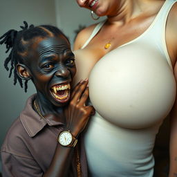 In a poor room, a young, very short, malnourished African woman, about 20 years old with very dark skin, has a malevolent appearance with her rotten, monstrous teeth and bulging eyes