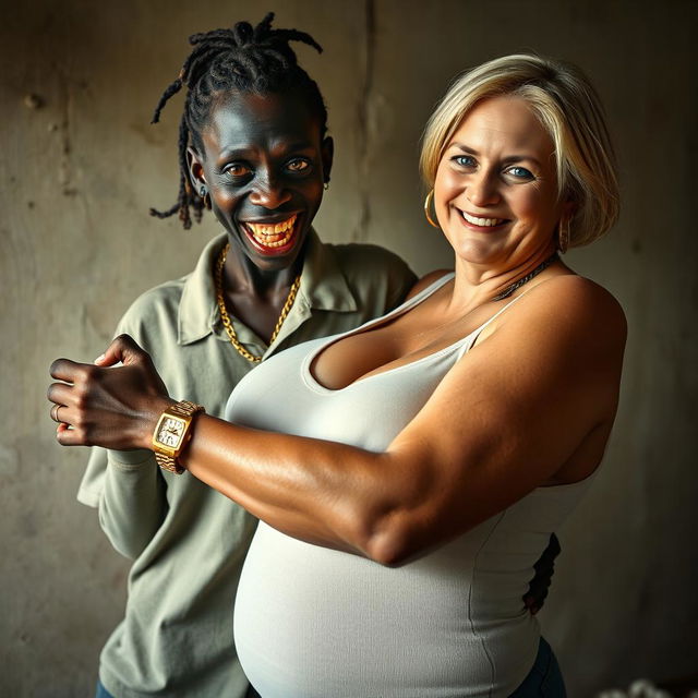 In a poor room, a young, short, malnourished African woman, about 20 years old with very dark skin, exudes a sinister vibe with her rotten, monstrous teeth and bulging eyes