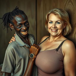 In a poor room, a young, short, malnourished African woman, about 20 years old with very dark skin, exudes a sinister vibe with her rotten, monstrous teeth and bulging eyes