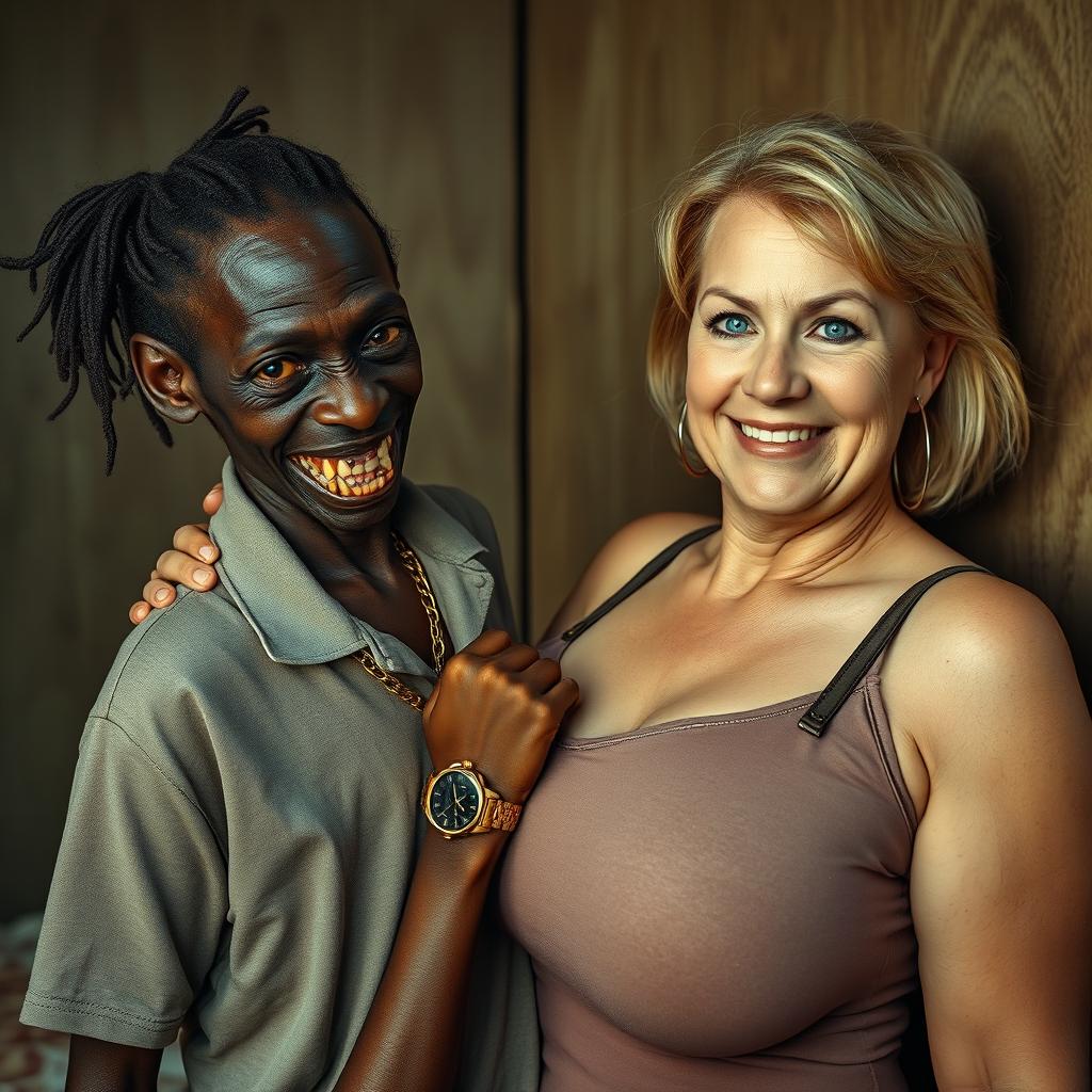 In a poor room, a young, short, malnourished African woman, about 20 years old with very dark skin, exudes a sinister vibe with her rotten, monstrous teeth and bulging eyes
