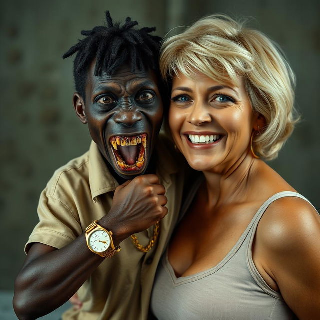 In a poor room, a young, very short, malnourished African woman, about 20 years old with deep black skin, exudes a malevolent presence with her rotten, monstrous teeth and bulging eyes
