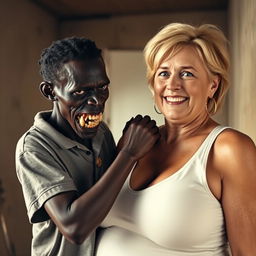 In a poor room, a young, very short, malnourished African woman, about 20 years old with deep black skin, exudes a malevolent presence with her rotten, monstrous teeth and bulging eyes
