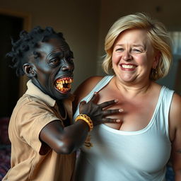 In a poor room, a young, very short, malnourished African woman, about 20 years old with deep black skin, exudes a malevolent presence with her rotten, monstrous teeth and bulging eyes