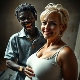 In a poor room, a young, very short, malnourished African woman, around 20 years old with deep black skin, emanates a sinister presence with her rotten, monstrous teeth and bulging eyes