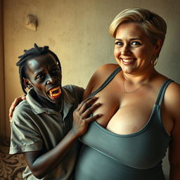 In a poor room, a young, very short, malnourished African woman, around 20 years old with deep black skin, emanates a sinister presence with her rotten, monstrous teeth and bulging eyes