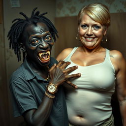 In a poor room, a young, very short, malnourished African woman, around 20 years old with deep black skin, emanates a sinister presence with her rotten, monstrous teeth and bulging eyes