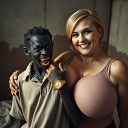 In a poor room, a young, very short, malnourished African woman, around 20 years old with deep black skin, emanates a sinister presence with her rotten, monstrous teeth and bulging eyes