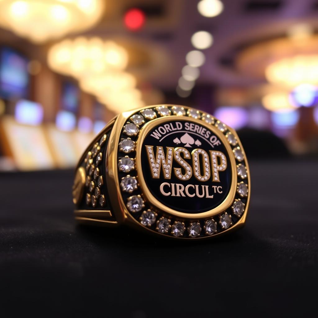 A close-up shot of a prestigious World Series of Poker Circuit (WSOP-C) championship ring, showcasing its intricate details such as sparkling diamonds, a gold finish, and the iconic WSOP-C logo prominently displayed on the face of the ring