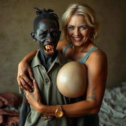 In a poor room, a young, very short, malnourished African woman, about 20 years old with deep black skin, has a sinister appearance with her rotten, monstrous teeth and bulging eyes