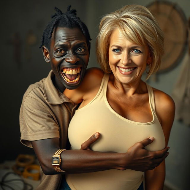 In a poor room, a young, very short, malnourished African woman, about 20 years old with deep black skin, has a sinister appearance with her rotten, monstrous teeth and bulging eyes