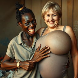 In a poor room, a young, very short, malnourished African woman, about 20 years old with deep black skin, has a sinister appearance with her rotten, monstrous teeth and bulging eyes