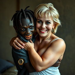 In a poor room, a young, very short, malnourished African woman, around 20 years old with deep black skin, presents a sinister image with her rotten, monstrous teeth and bulging eyes