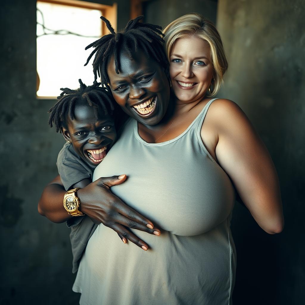 In a poor room, a young, very short, malnourished African woman, around 20 years old with deep black skin, presents a sinister image with her rotten, monstrous teeth and bulging eyes