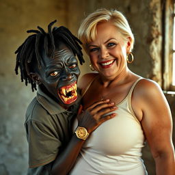 In a poor room, a young, very short, malnourished African woman, around 20 years old with deep black skin, presents a sinister image with her rotten, monstrous teeth and bulging eyes