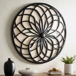 An arresting piece of round wall art, masterfully crafted from sleek black bamboo, creating a captivating silhouette against a contrasting light wall.