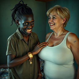 In a poor room, a young, very short, malnourished African woman, around 20 years old with deep black skin, presents a sinister image with her rotten, monstrous teeth and bulging eyes