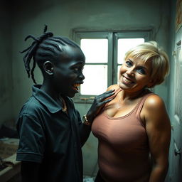 In a poor room, a young, very short, malnourished African woman, around 20 years old with deep black skin, presents a sinister image with her rotten, monstrous teeth and bulging eyes