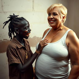 In a poor room, a young, very short, malnourished African woman, around 20 years old with deep black skin, presents a sinister image with her rotten, monstrous teeth and bulging eyes